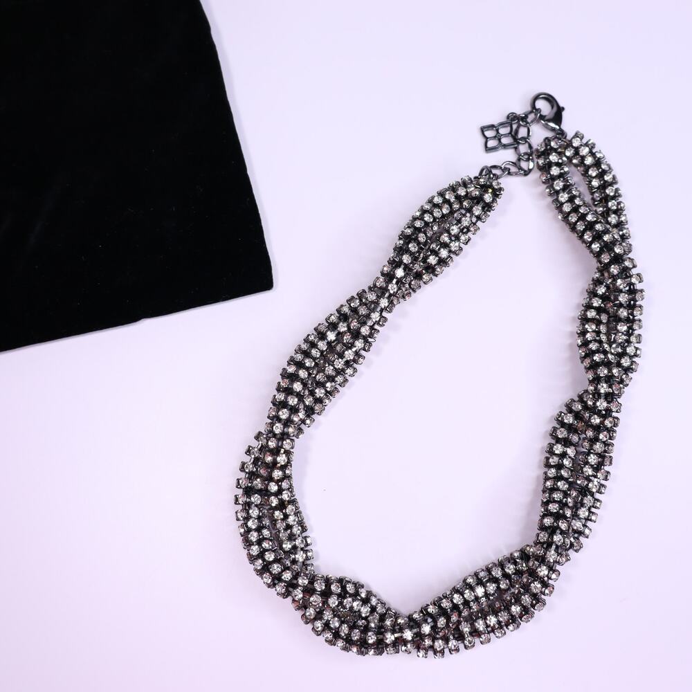 BCBGMAXAZRIA Twisted Chainmail Statement Necklace Gunmetal Prong Set CZ Stones
